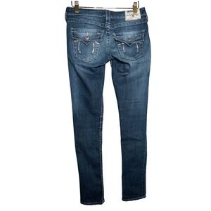 True Religion Womens Skinny Jeans Blue Rhinestone Horseshoe Flap Pocket Denim‎